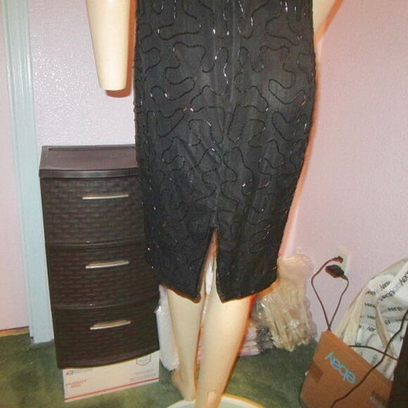 NOS Silk BEADED Sequins Size L DRESS Shimmer V-NECK Black Gold JMC Lined FORMAL - Picture 10 of 12